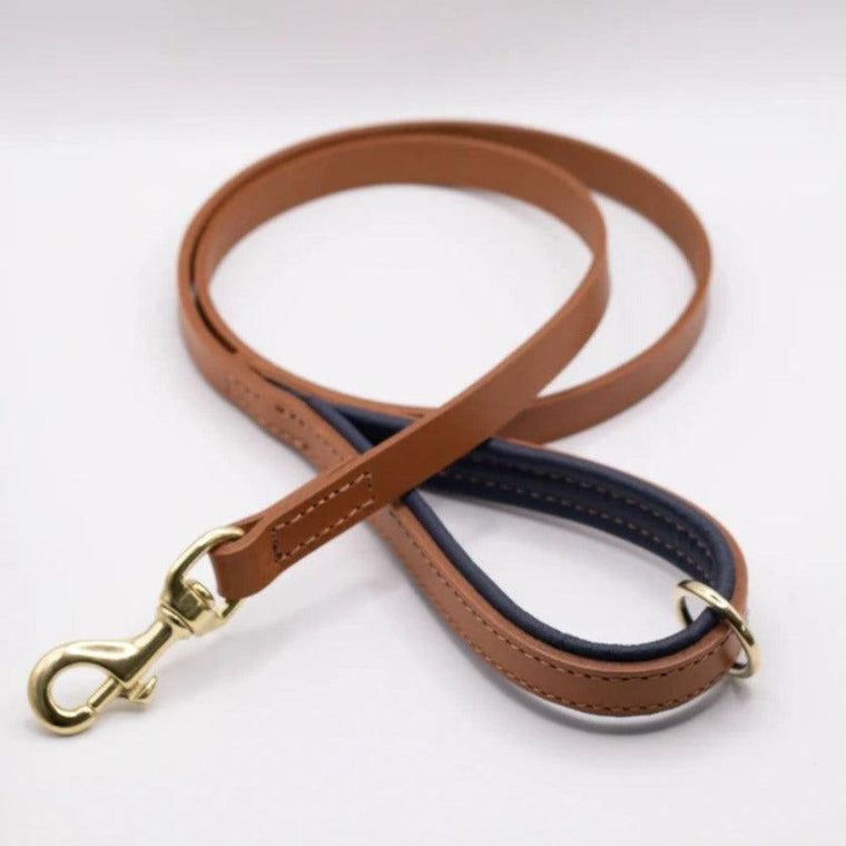 Dogs & Horses All Leather Dog Lead - Navy & Tan